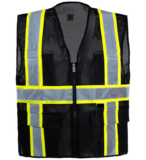 Two Tone HI-VIS Black Safety Vest with 4 Front Pocket Construction Traffic 1Pack