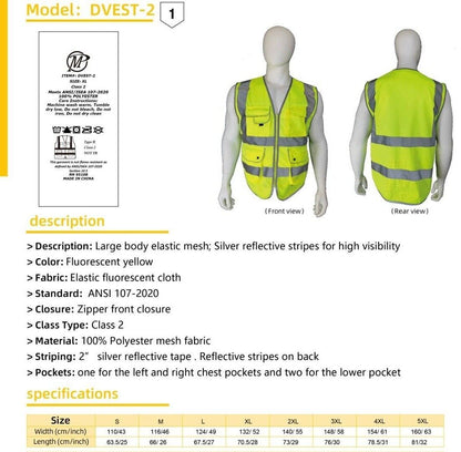 1PKClass2 Hi-Vis Reflective Safety Vests with 8 Pockets and Zipper Front DVEST-2