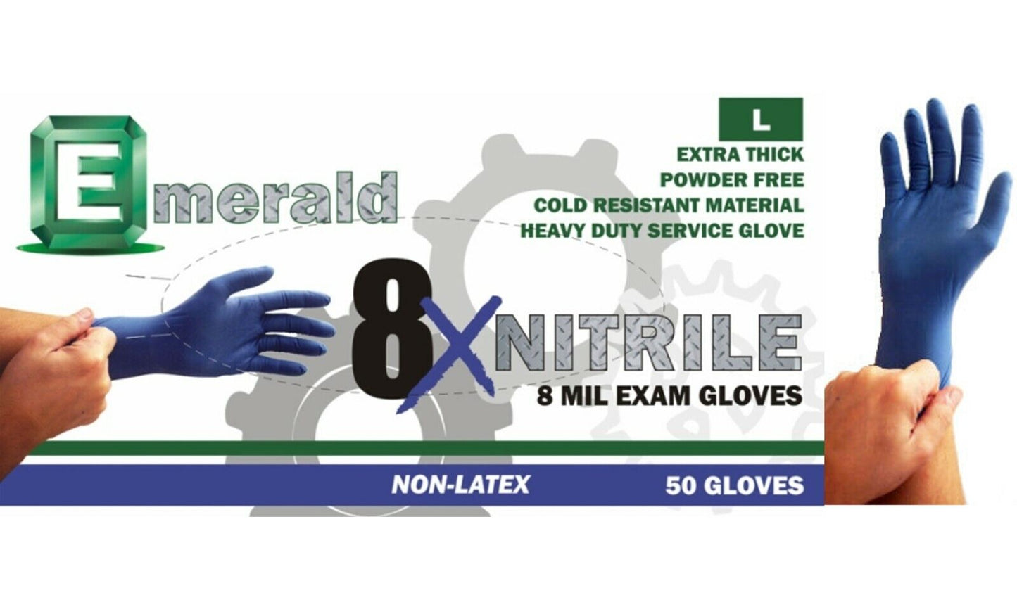 Box of 50  Emerald 8X Powder-Free Nitrile Exam Gloves 8Mil M/L/XL 2705/2706/2707