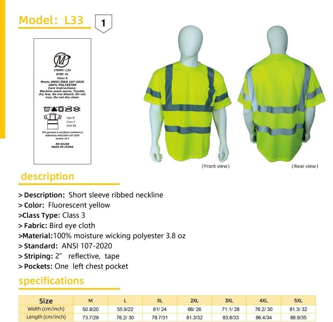 Hi-Vis Short Sleeved T-Shirt Viz Visibility Reflective Safety Work 1 Pack L33