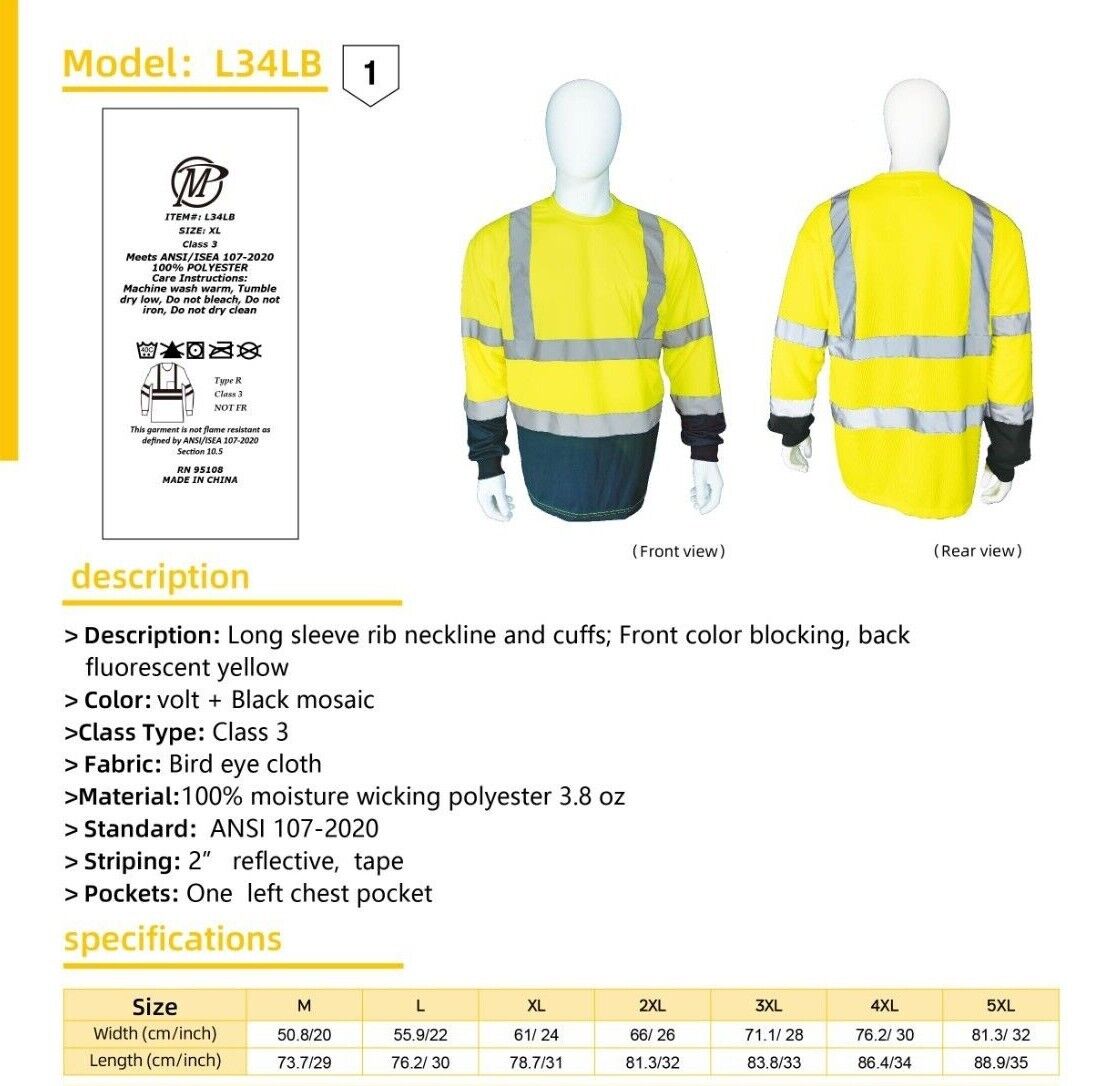 Reflective Hi-Vis Safety T Shirt Long Sleeve Breathable Fast Dry Mesh L34LB