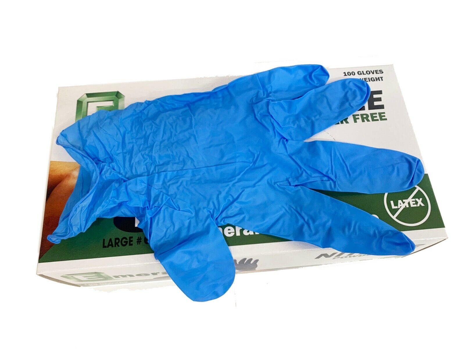 Box of 100 Nitrile Exam Gloves Large Powder Free Emerald Rubber Non-Latex6651/52