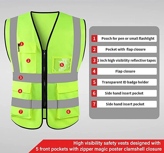 Reflective Safety Vest for Women Men High Visibility Security with Pockets Zippe