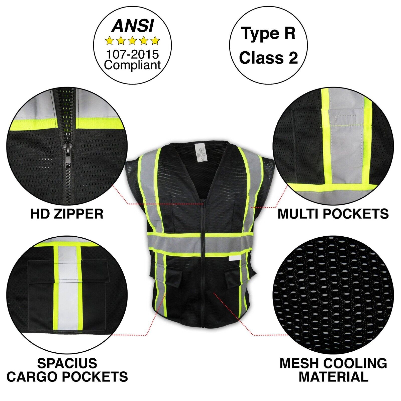 Two Tone HI-VIS Black Safety Vest with 4 Front Pocket Construction Traffic 1Pack