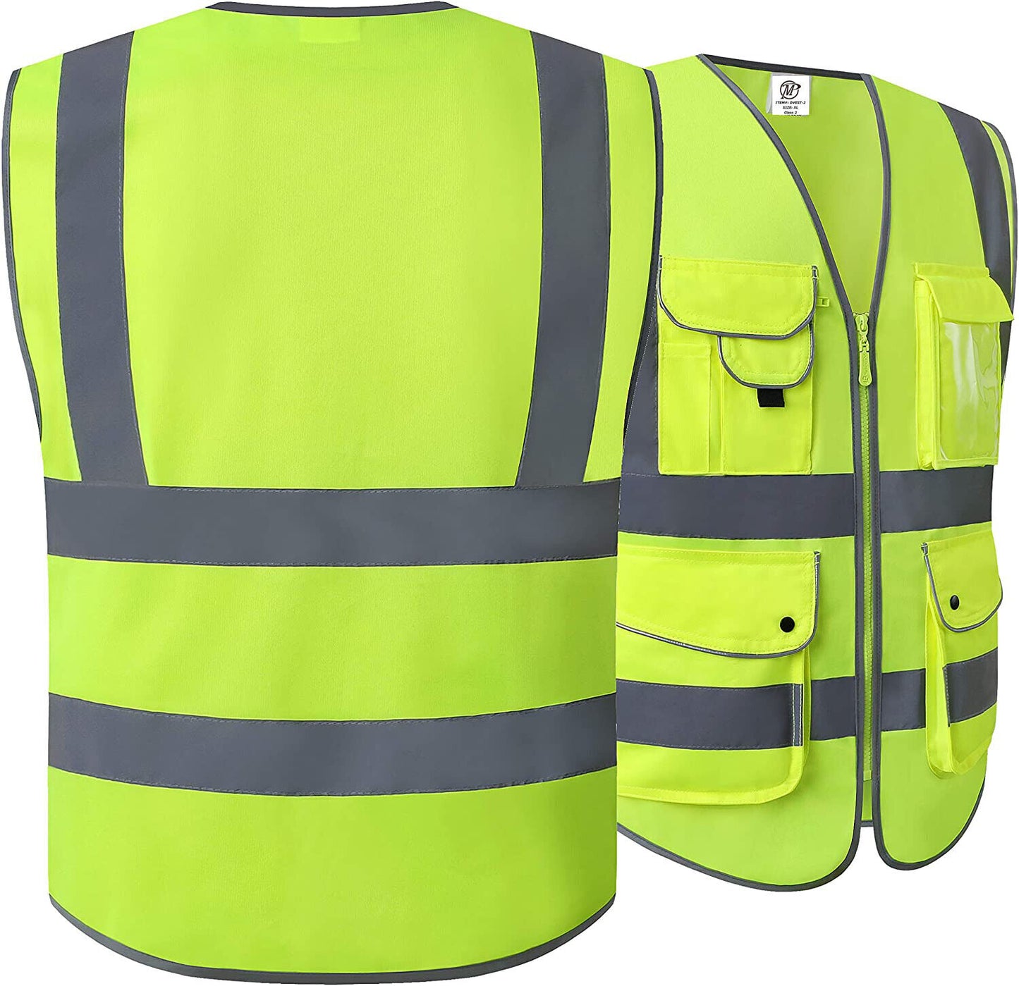 Pack of 2 Class2 Hi-Vis Reflective Safety Vests with Pockets and Zipper Front