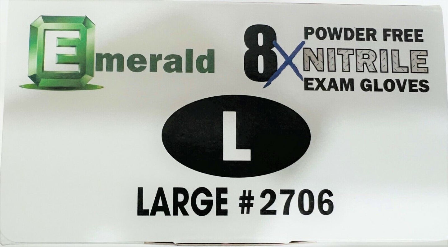 10 boxes per case Emerald 8X Powder-Free Nitrile Exam Gloves 8Mil M/L2706/XL2707