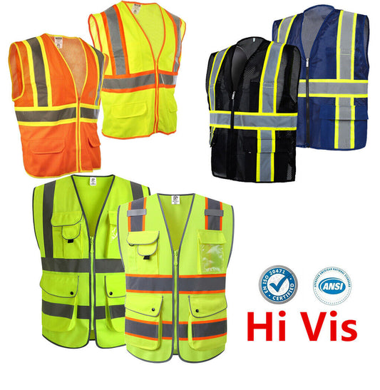 Pack of 2 Class2 Hi-Vis Reflective Safety Vests with Pockets and Zipper Front