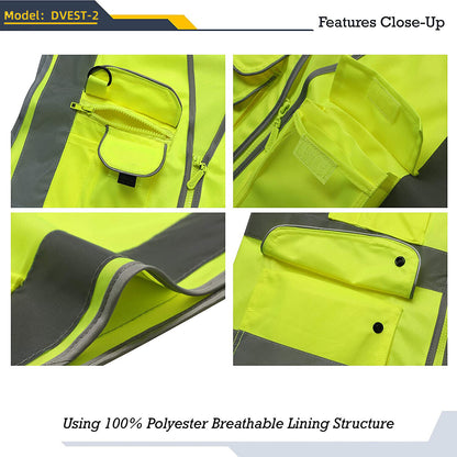 1PKClass2 Hi-Vis Reflective Safety Vests with 8 Pockets and Zipper Front DVEST-2