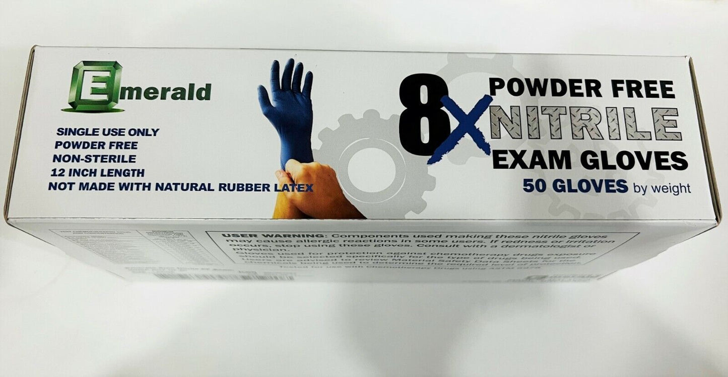 Box of 50  Emerald 8X Powder-Free Nitrile Exam Gloves 8Mil M/L/XL 2705/2706/2707