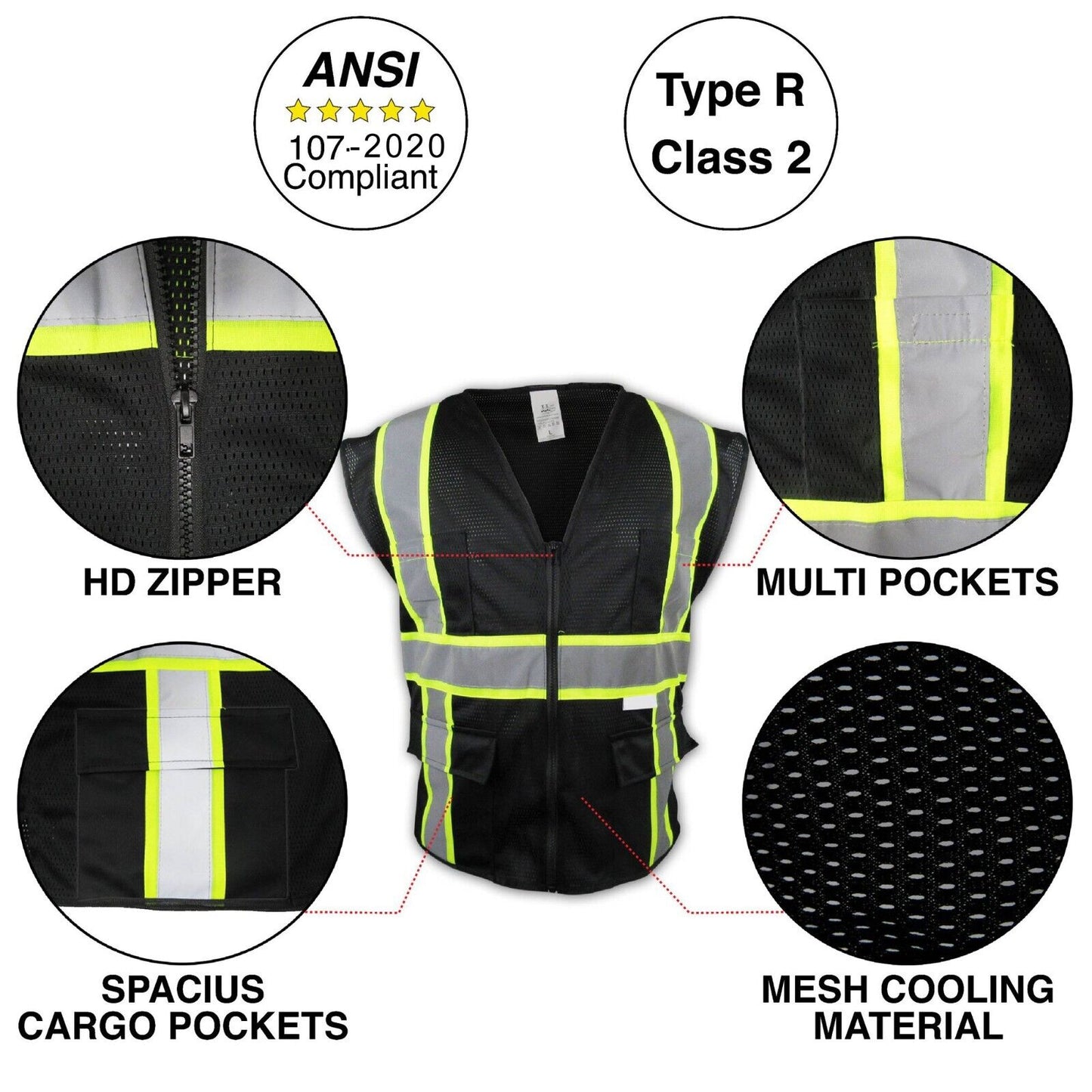 Pack of 2 Class2 Hi-Vis Reflective Safety Vests with Pockets and Zipper Front