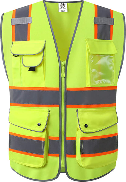 Pack of 2 Class2 Hi-Vis Reflective Safety Vests with Pockets and Zipper Front