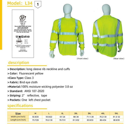 Hi-Vis Long Sleeved T-Shirt Viz Visibility Reflective Safety Work 1 Pack L34