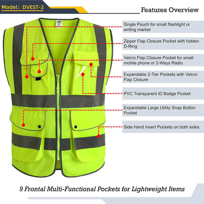 1PKClass2 Hi-Vis Reflective Safety Vests with 8 Pockets and Zipper Front DVEST-2