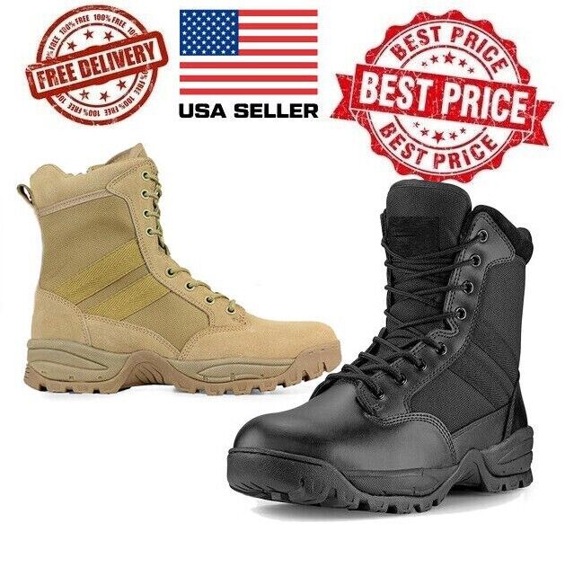 Men's Military Tactical Work Boot Side Zipper Leather Motorcycle Combat Boot 800