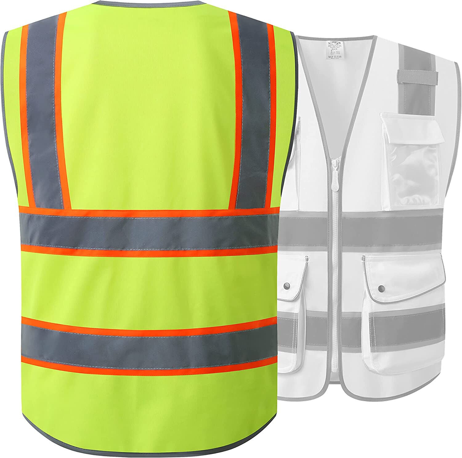 Pack of 2 Class2 Hi-Vis Reflective Safety Vests with Pockets and Zipper Front