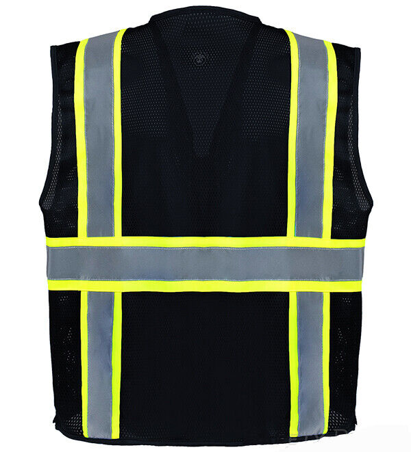 Two Tone HI-VIS Black Safety Vest with 4 Front Pocket Construction Traffic 1Pack