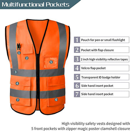 Reflective Safety Vest for Women Men High Visibility Security with Pockets Zippe