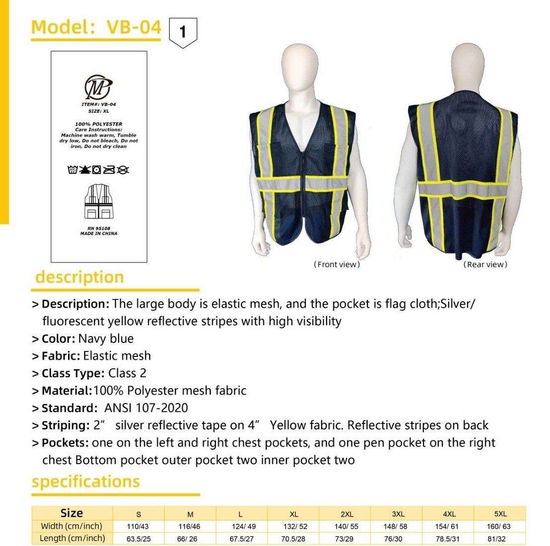 Two Tone HI-VIS Navy Safety Vest with 4 Front Pocket Construction Traffic 1Pk 04