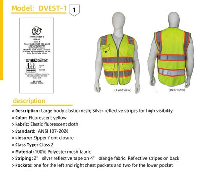 Pack of 2 Class2 Hi-Vis Reflective Safety Vests with Pockets and Zipper Front