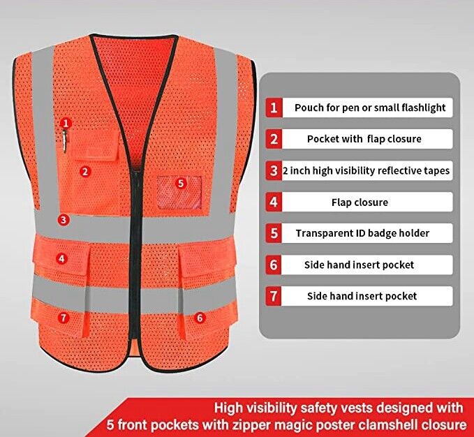 Reflective Safety Vest for Women Men High Visibility Security with Pockets Zippe