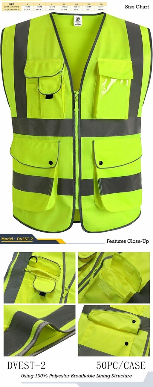 Pack of 2 Class2 Hi-Vis Reflective Safety Vests with Pockets and Zipper Front