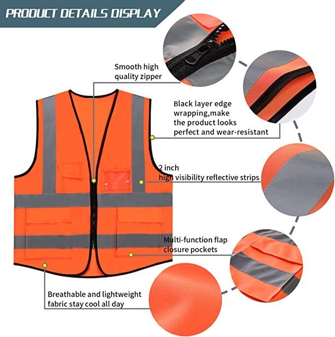 Reflective Safety Vest for Women Men High Visibility Security with Pockets Zippe